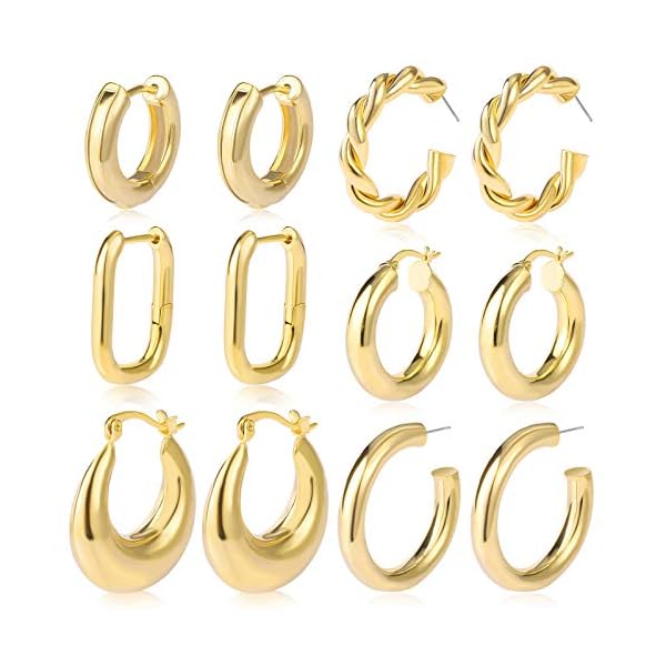 6 Pairs Chunky Gold Hoop Earrings Set for Women 14K Gold Plated Hypoallergenic Thick Open Huggie Hoop Set Jewelry for Christmas Gifts
