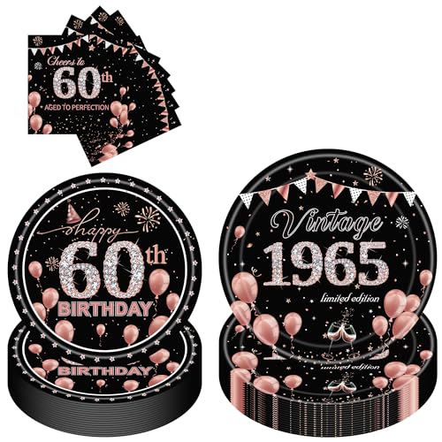 60th Birthday Party Tableware Women - 96 Pcs Rose Gold Black Tableware Decoration Paper Plates and Napkins for Women 60 Years Old Happy Birthday Vintage 1965 Table Decoration Supplies