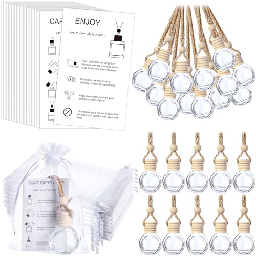 Image of Boao 25 Sets Hanging Car Air Freshener Diffuser Bottles Empty Bulk with Car Diffuser Instruction Cards Organza Bags Glass Refillable Essential Oil Fragrance Aromatherapy Pendant (Round,Clear)