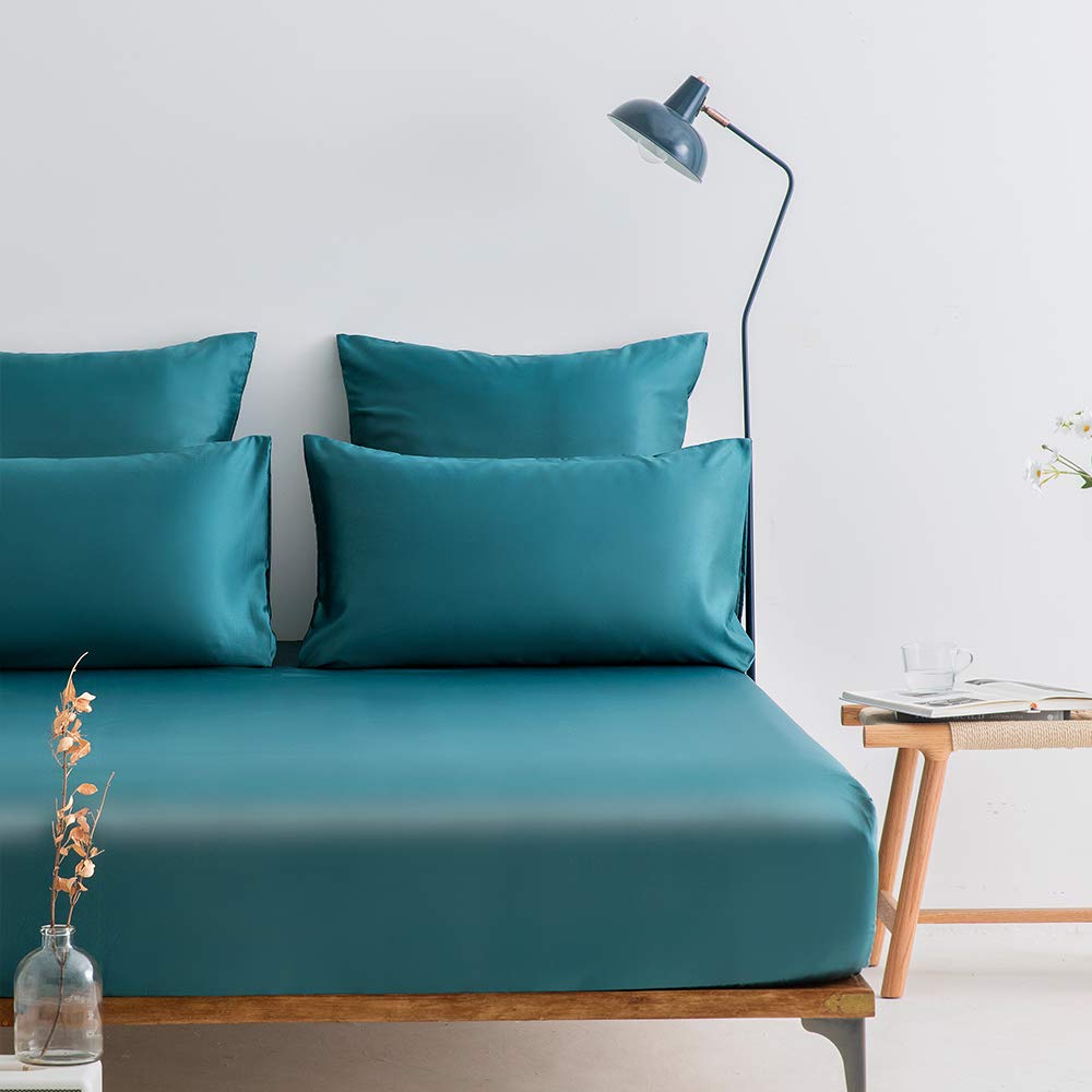 DuShow Satin Fitted Sheet And 2 pillowcases,Fitted Satin Sheets Double,Silky Fitted sheet Bed,Deep Pocket Satin bed sheets(Teal,Double)