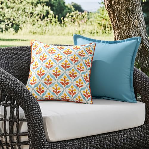 Image of MIULEE Pack of 2 Decorative Outdoor Waterproof Throw Pillow Covers Flower Print Chic Boho Accent Pillow Covers for Square Garden Patio Cushion 18x18 Inch, Orange Teal Red