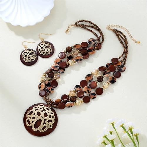 Gold/Silver plated Circle Metal Patterned Shell Pendant Necklace and Earrings Colorful Chunky Layered Shell Crystal Stone Beads Necklace Set for Women Leopard Print Brown Jewelry Set Gift2