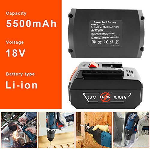 ARyee 18V 5.5Ah Lithium Battery Compatible for Bosch 18V Battery BAT611 BAT612 BAT609 BAT618 BAT620 BAT610G 24618-01 Compatible with Bosch 18V Cordless Power Tools by ARyee - Image 2