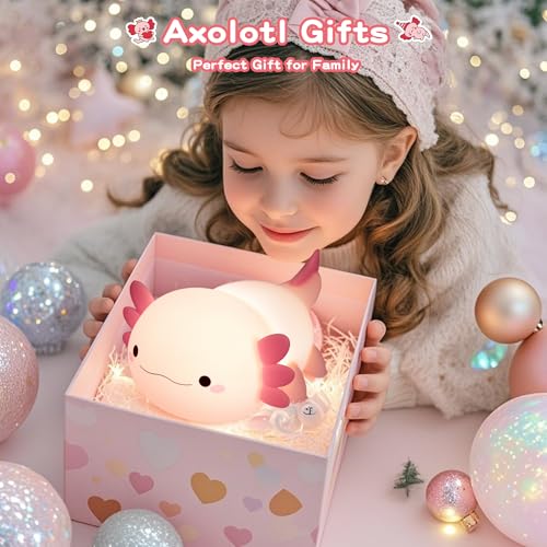 Image of FAMIDUO Pink Axolotl Lamp, Food-Grade Silicone Squishy Night Light for Kids | 2-Level Touch Dimmable ,20-Min Auto-off Timer, Rechargeable Anti-Blue Warm Glow Nursery Bedside Decor, Cute Gifts for Girls