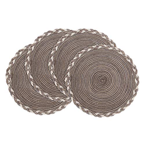 Image of SHACOS Round Placemats Set of 4 Braided Glitter Round Table Placemats 15 inch for Wedding Holiday Party (Multicolor-Light Coffee, 4)