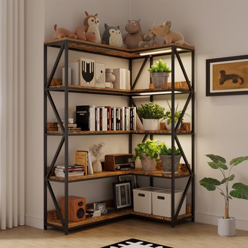 Auoleru Large Farmhouse Style 5 Tiers Corner Bookshelf with Grow