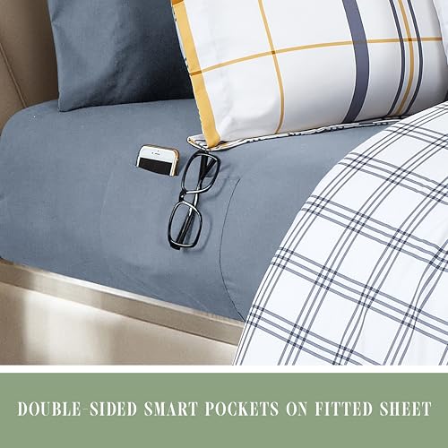 Image of Elegant Comfort 8-Piece Lodge Plaid Reversible Comforter Set - All Season Bed in a Bag, 4-Piece Sheet Set Featuring Smart Pockets, Matching Shams and Decorative Pillow, Full /Queen, Gold