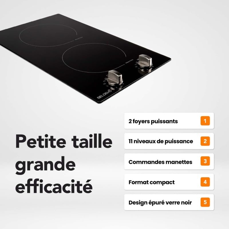 BELDEKO Plaque Induction 2 Feux Encastrable - 3600W - Commandes Manettes - Minuteur Sécurité Enfant - Marque Française