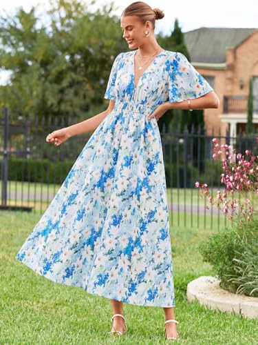 Image of Flessibili Womens Short Sleeve Floral Maxi Dresses 2026 Spring Wedding Guest Party Summer Dress Blue White Lily X-Large