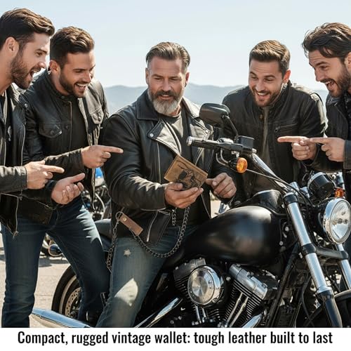 Image of F&L CLASSIC RFID Blocking Men's Tri-fold Vintage Biker Cowhide Leather Steel Chain Wallet,Snap closure, brown,skull,315-70