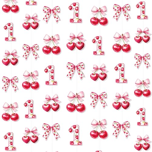 Image of Cherry 1st Birthday Decorations Sweet Floral Cherries Pink Bow Hanging Streamer Garland Banner for Happy First Birthday Baby One Year Bday 1st Wedding Anniversary Party Decorations Supplies