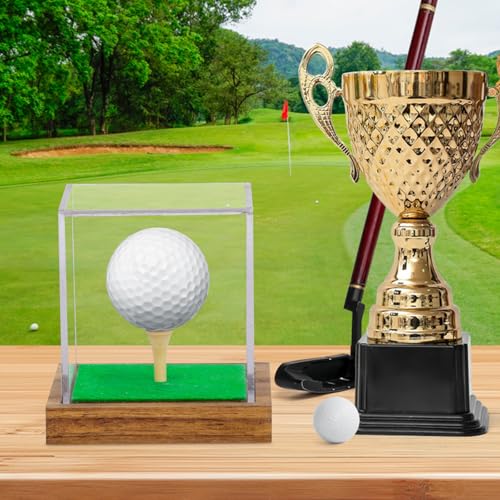 Image of 2 Pack Clear Acrylic Golf Ball Display Case with Wood Base & Tee, Memorabilia Stand Cube Holder, Dust Protection Transparent Storage Box for Single Ball Souvenir Golfball Collections