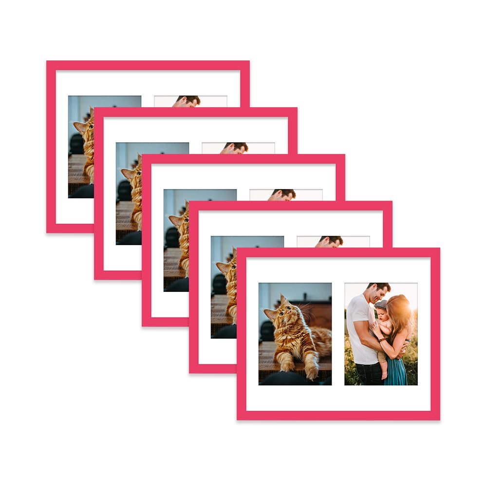 Bright Pink Multi Photo Frame - Holds 2 x 7x5 Pictures, Family Collage Picture Frame for Wall Display, 12x10 Frame size, Set of 5