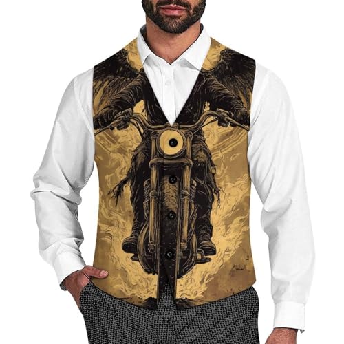 Vintage Skeleton Grim Reaper Motorcycle Suit Vest for Men Waistcoat Dressy V Neck Button Down Sleeveless Business Jacket Coat
