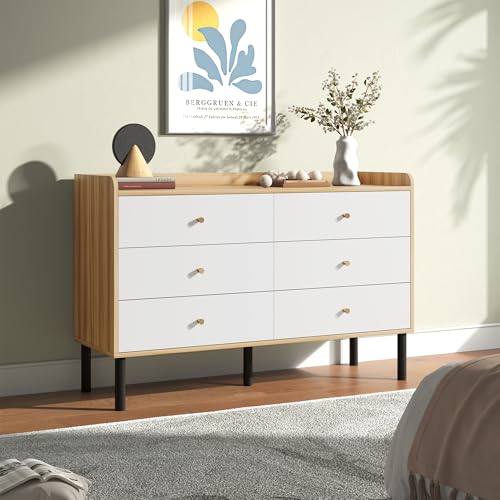 Image of BAZELOR White Dresser for Bedroom, 6 Drawers Natural Wood Dresser with Golden Handles, Modern Wide Chest of Storage Organizer Drawers for Hallway, Entryway