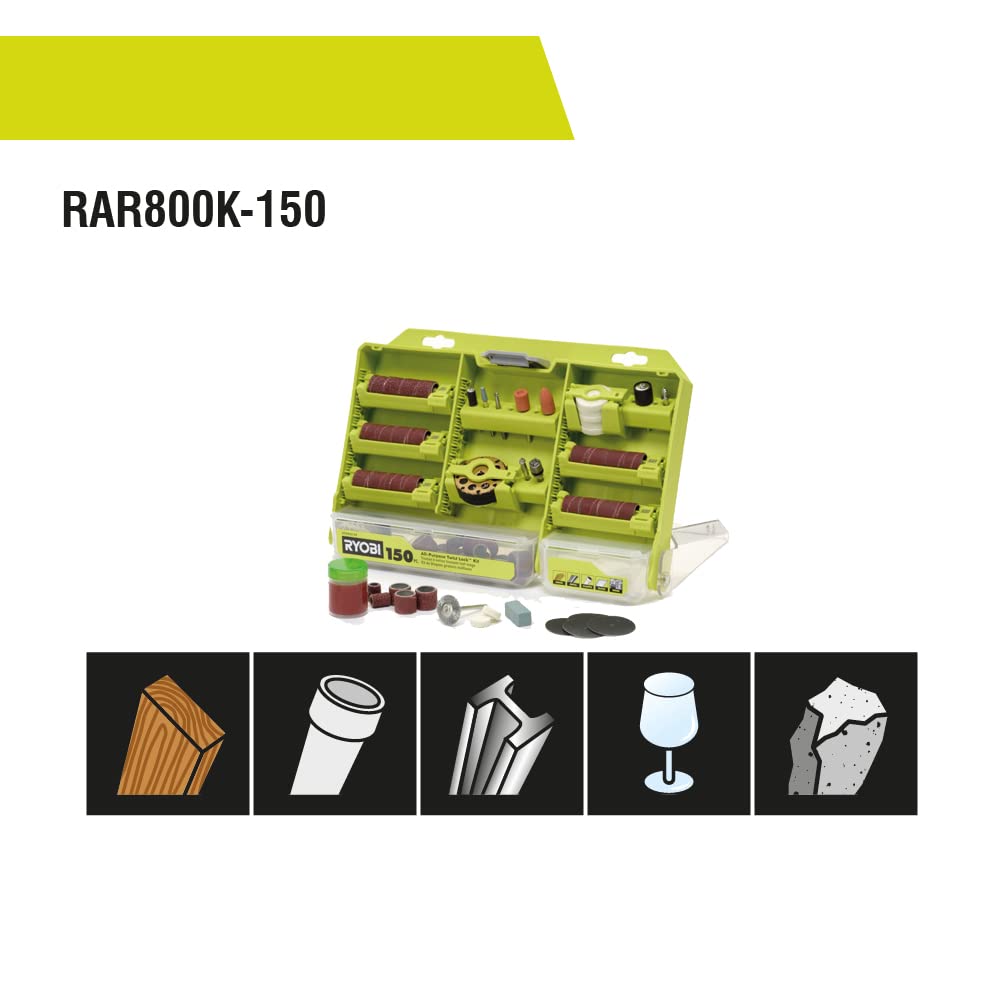 RYOBI - Coffret 150 Accessoires RYOBI - Twist Lock pour Mini-Outil - Changement Rapide - Coupe, Ponçage, Polissage & Gravure - Complet & Polyvalent - RAR800K-150