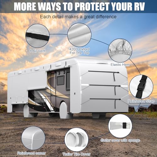Mofeez Class A RV Covers 31-34 Ft, 420D Oxford Fabric Class A Motorhome Cover, Waterproof Windproof Anti-UV Anti-Tear Motorhome Camper Cover with 2Pcs Extra Straps & 4 Tire Covers - Image 3
