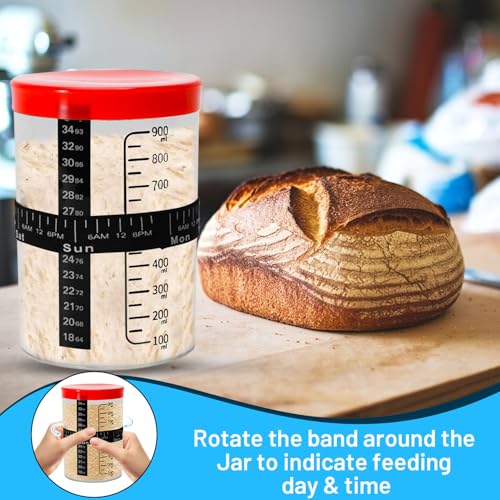 Premium Sourdough Starter Jar Glass - 34 oz Sour Dough Starter Jars, with Spatula, Wide Mouth Jar Cover, Thermometer, Date Marked Feeding Band, sourdough jar for Baker