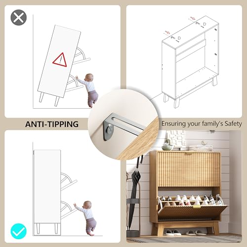 Image of HUANLEGO Shoe Cabinet Storage for Entryway with 2 Flip Drawers, Fluted Narrow Shoe Organizer with Wooden Legs, Freestanding Slim Shoe Storage Hidden Shoe Rack Organizer for Front Door Entrance, Oak