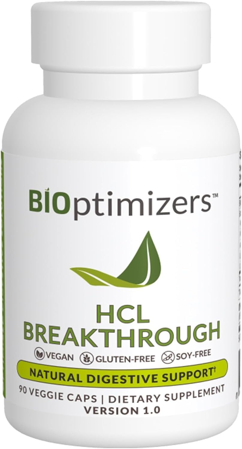 BiOptimizers HCL Breakthrough | Betaine HCL Hydrochloride Enzymes Supplement | Hydrochloric Acid, Protein Breakdown & Absorption | Helps Gas and Heartburn Relief | 90 Betaine HCL Pepsin Capsules