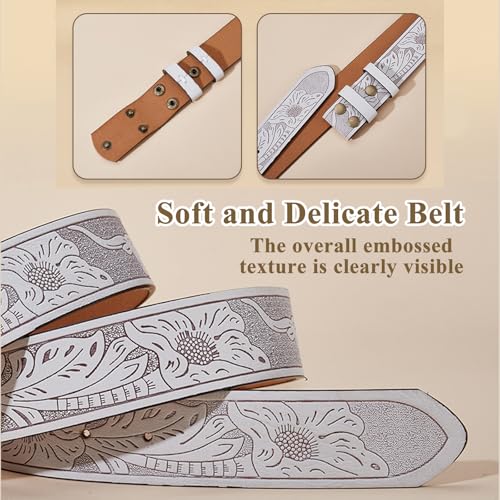 Women Western Cowboy Belt PU-Leather Floral Engraved-Longhorn-Bull-Buckle-Belts for Jeans Dresses,White b,130CM/51.2''2