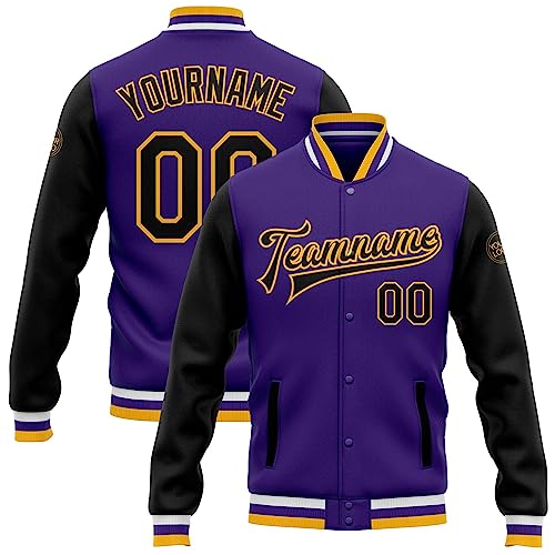Custom Letterman Jacket, Custom Varsity Jacket, Purple Varsity Jacket, Custom Purple Black-Gold Bomber