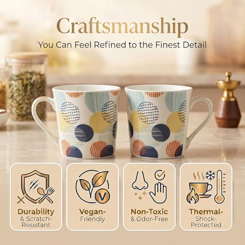 Image of UPC Coffee Mug Set of 6 | White Abstract Polka Dot Print | Navy Blue Yellow & Orange Multicolour Circle Pattern | Bone China Tea & Coffee Cups | Microwave Safe | Home & Kitchen