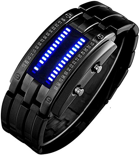 PASOY Binary Blue LED Digital Watch Mens Classic Creative Fashion Square Black Plated Women Date Wrist Watches (Black)