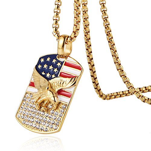 HZMAN Men's 18k Gold Plated Stainless Steel 3D Eagle American Flag Dog Tag CZ Pendant Necklace (Dog Tag - B)2