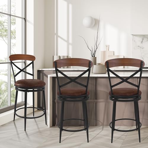 Image of HomePop Hudson Swivel Counterstool, 26-Inch, Brown Faux Leather
