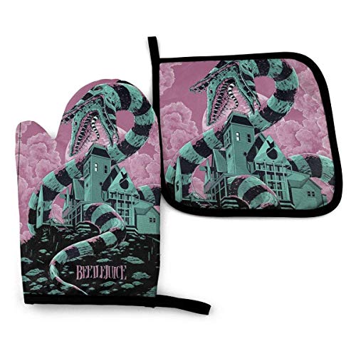 Bee-tle Ju-ice Kitchen - Guantes para hornos resistentes al calor y juegos de soportes para ollas, Guantes para hornear para cocinar en la barbacoa, Lavable, Parrilla de poliéster impermeable