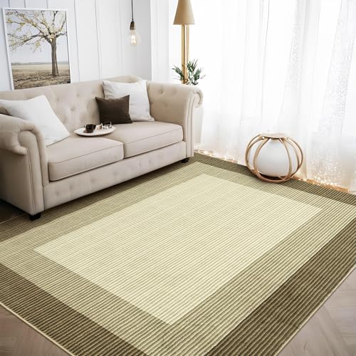 Machine Washable 8x10 Rugs for Living Room Farmhouse Bedroom, Neutral Bordered Modern Rug for Dining Room, Solid Large Rug Non Slip Low Pile Stain Resistant Carpet for Apartment Dorm, Brown 8x10ft