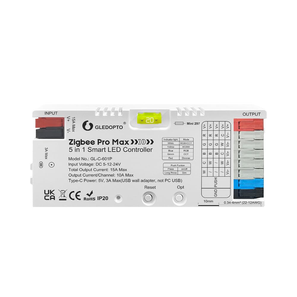 Controlador de tira LED inteligente GLEDOPTO ZigBee 3.0 5-en-1 - RGBCCT/RGBW/CCT/RGB/Variateu - Compatible con ecosistemas principales (Requiere puerta de enlace ZigBee)