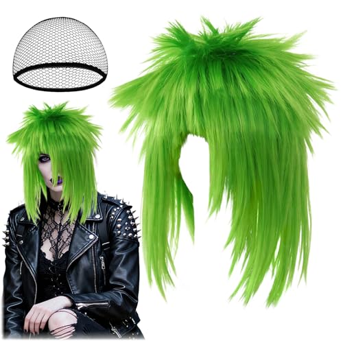 Punk Green Wigs for Women Natural Green Wig with Black Hairnet Easy to Wear for Parties Festivals Costume Lovers