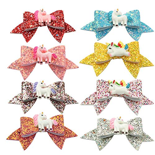 Unicorn Dovetail Hair Bows Clips for Girls Sequins Glitter Hairpins Pack of 8(Design 1-8pcs)
