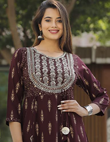 Image of Manbhar Fashion Embroidered Gown Women's Rayon Anarkali Gold Printed Kurti Floral Dress Gown Women Printed Pure Rayon Flared Kurta