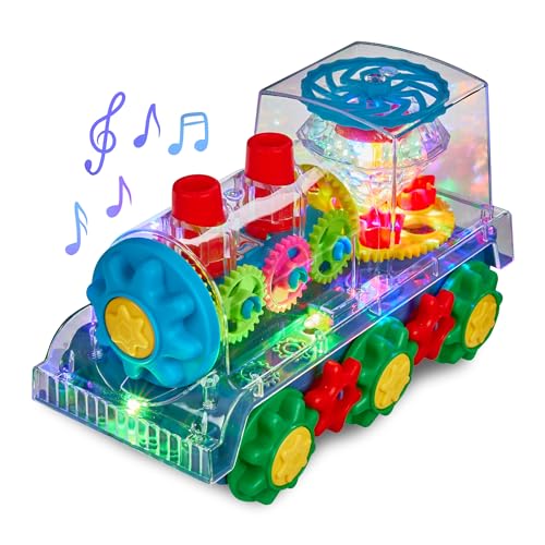 Playbees Light Up Train - Transparent Gear Car Toys for Kids - Early Music Educational Crawling Toys - Flashing Lights, Battery Operated - Birthday for Boys & Girls