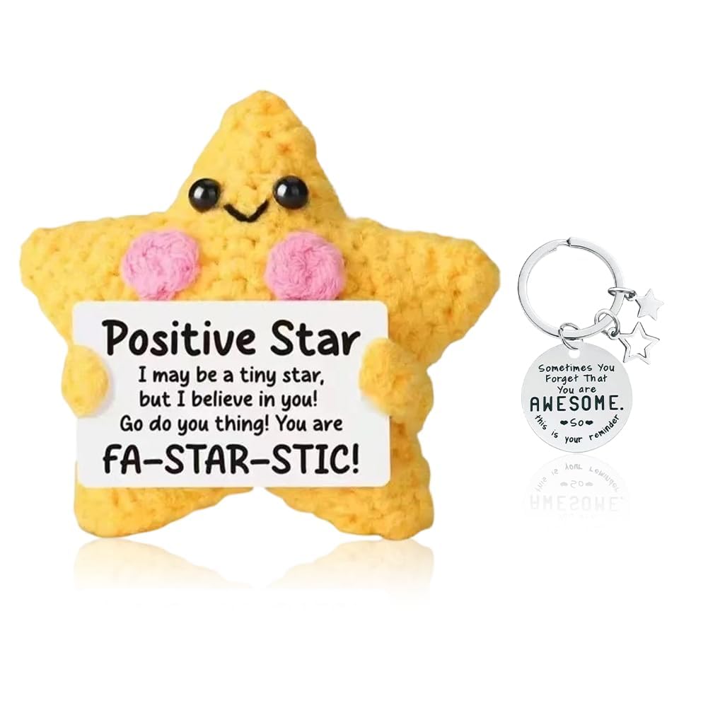 Vexthorion Positive Crochet Star With Star Keychain Set 2pcs,Soft Hand-Crocheted Yellow Star Doll Emotional Support Cheer Up Keepsake Gift For Friends, Women, Student, Christmas