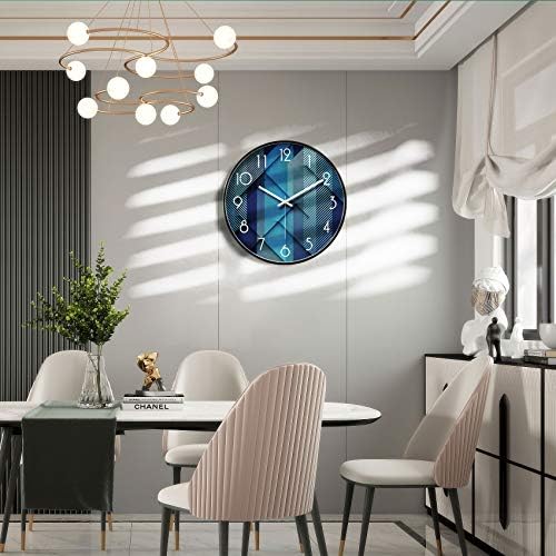 Modern Silent Wall Clock Blue Geometric Analog Battery Operated Non-Ticking Metal Clocks for Home Decoration Living Room Bedroom Kitchen Office Large Round Cool Quiet Metal Clocks 12 Inch