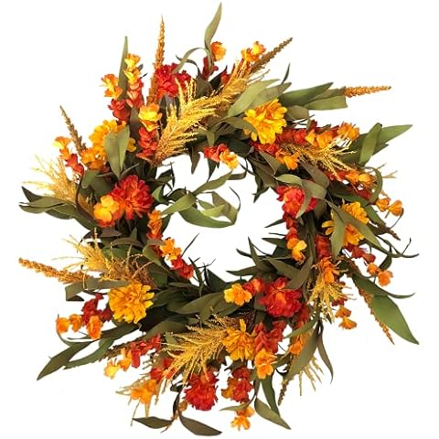 NeoL'artes Artificial Fall Wreath 22 Inches Large Farmhouse Autumn Harvest Wreaths with Wheat Red and Sunflowers Leaves Grain for Front Door Wall Round Thanksgiving Halloween for Indoor Decor Cover