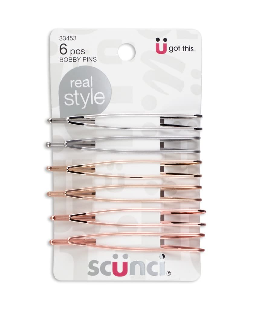 scunci bobby pins, Silver, Gold, and Bronze Colors, 6 pcs (2 packs, 12 total pcs), 33453