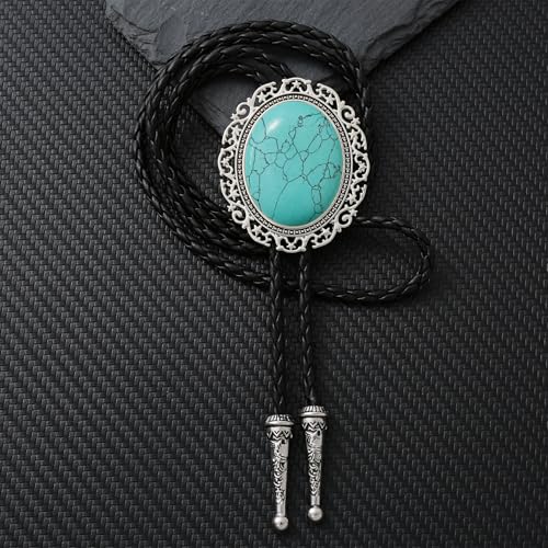 Image of Jeilwiy Bolo Tie for Men Real Stone Westwern Cowboy Ties Silver Bolos Women Leather Necktie Gift for Birthday Christmas