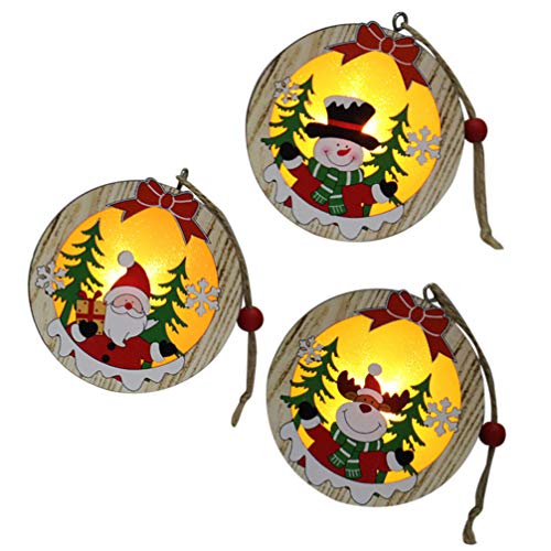 Amosfun 3Pcs Led Light Up Christmas Wooden Ornaments Wood Round Shapes With Reindeer Snowman Santa Claus Pattern Hanging Christmas Tree Decoration Christmas Night Lights #TOP7