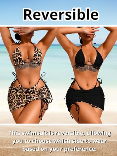 Image of ShawGobow Womens 3 Piece Leopard Bikini Set,Triangle String High Cut Thong Sexy Swimsuit & Coverup Skirt,Pool Party Outfit