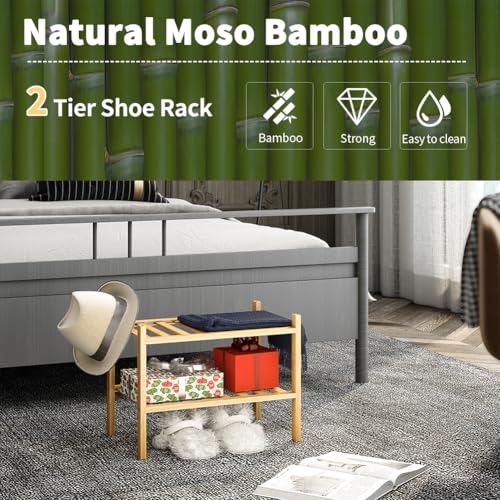 Image of Small Shoe Rack, 2-Tier Bamboo Stackable Shoe Shelf Storage Organizer, Shoe Stand for Closet, Entryway and Hallway