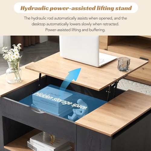 Table basse relevable avec grand rangement sous le bureau de salon gris