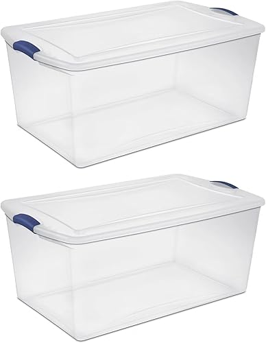 Paquete de 2 contenedores de almacenamiento de plástico resistentes de 105 cuartos de galón, contenedores apilables con tapas transparentes y