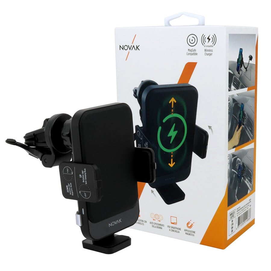 NOVAK Supporto Smartphone Auto Ricarica Wireless, Compatibile con MagSafe e Qi, Ventosa Super Aderente, Compatibile con iPhone e Samsung Galaxy