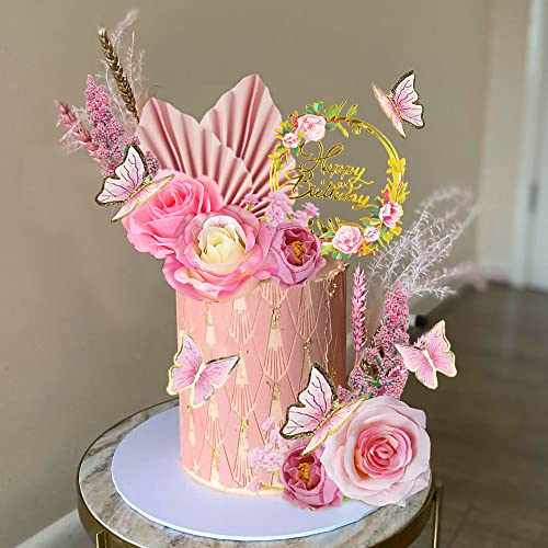 17 Pcs Flower Cake Toppers Boho Cake Toppers Butterfly Cake Decorations With Light Artificial Roses Eucalyptus And Butterflies For Birthday Party Wedding Baby Shower Supplies (Light Pink) #TOP5