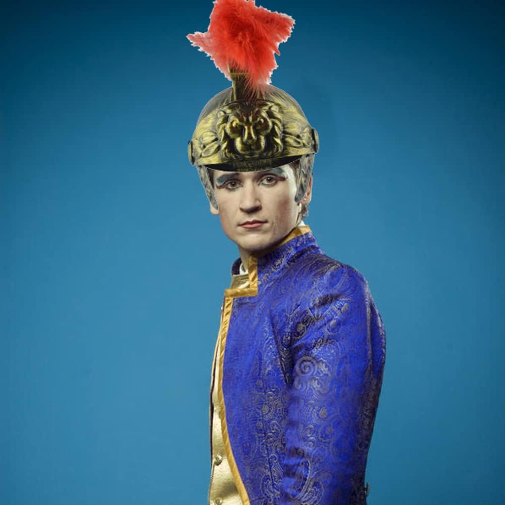 Roman Helmet Gold, Spartan Warrior Costume Helmet with Red Comb and Feathers, Foldable Visor for Cosplay Theme Parties, One Size for Adults and Teens